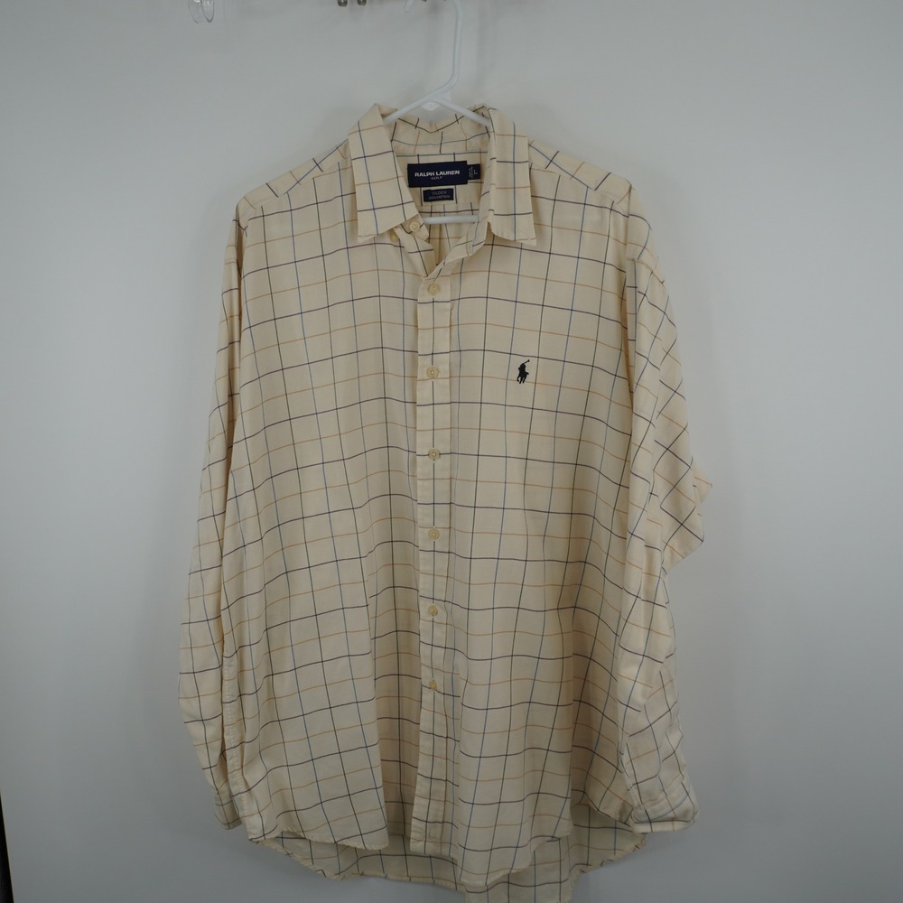 Ralph Lauren Golf Shirt Mens Large‎ Yellow Plaid Tilden Long Sleeve Cotton